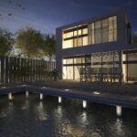 3D rendering modern house with terrace at night